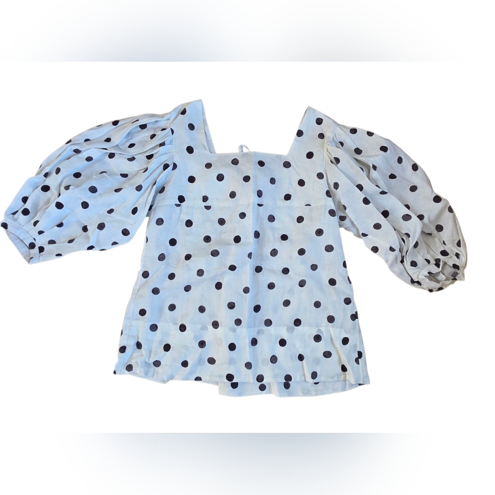 Whit White & Black Polka Dot Square Neck Statement Sleeve 100% Linen Top Size M